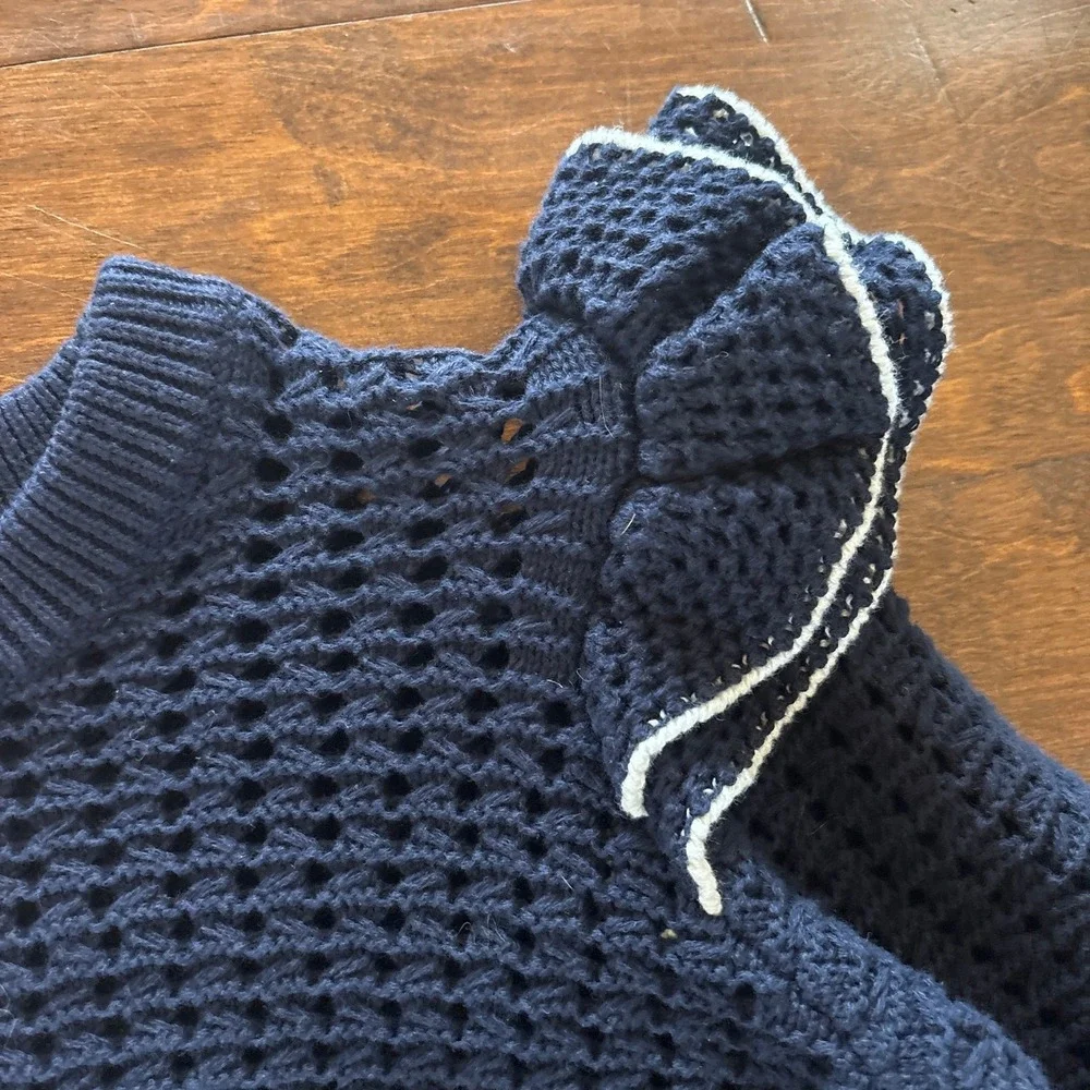 Gap Girls Sweater Size XL Open Knit Navy Blue Ruffle Preppy‎ Feminine